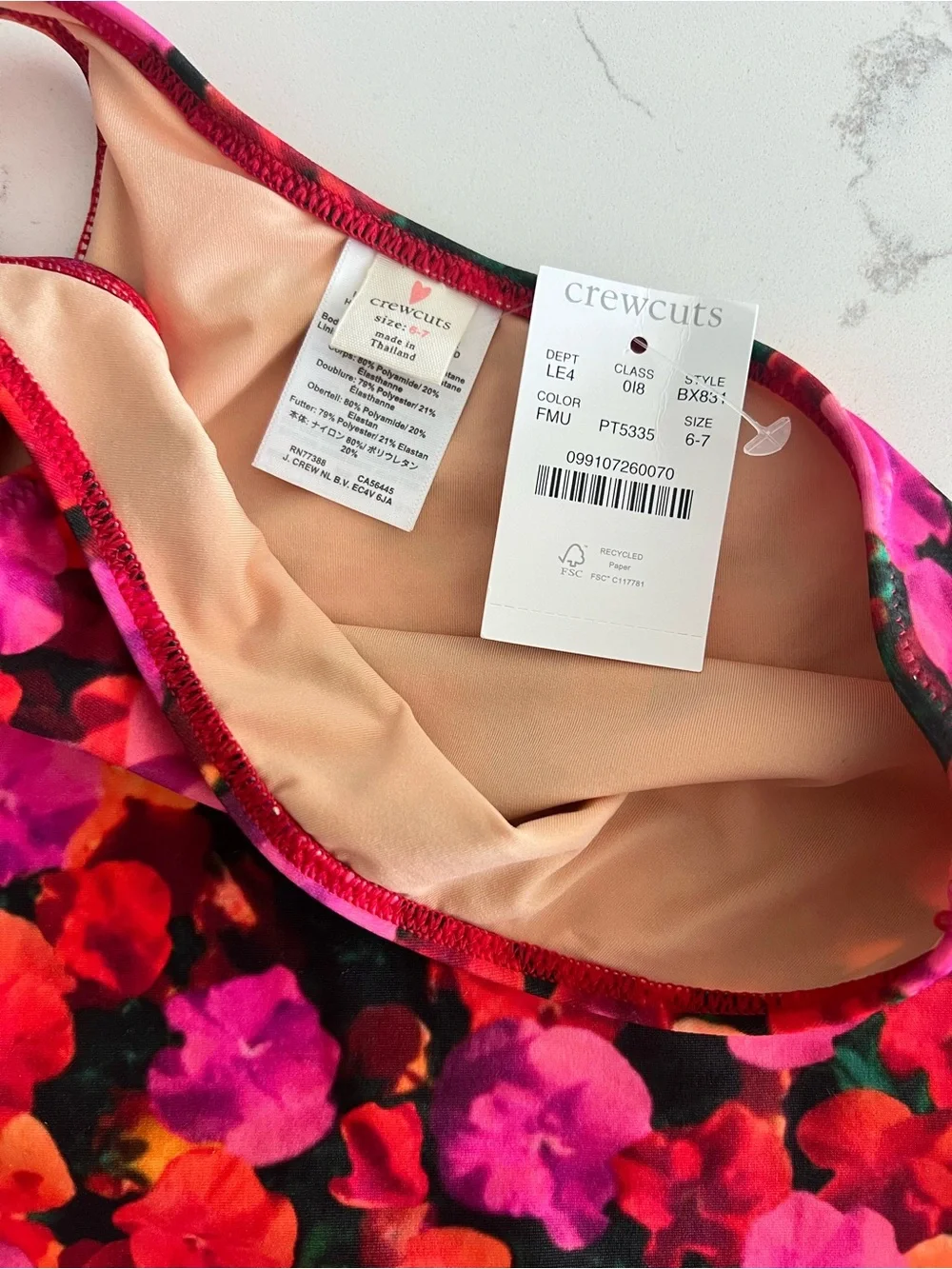 Crewcuts Girl one shoulder Swimsuit pansy floral Size 6-7 NWT